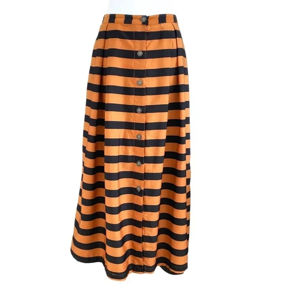 WHO WHAT WEAR ORANGE BLACK STRIPED BUTTON FRONT HIGH WAISTED MIDI SKIRT - 6 - Picture 2 of 14